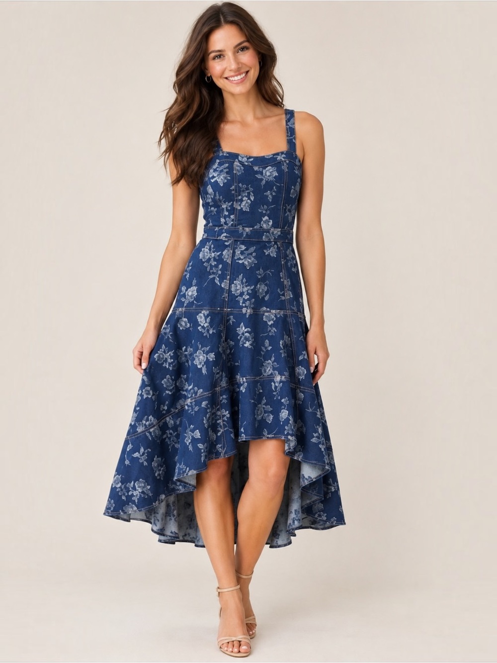 NWT Jewel Badgley Mischka Rose Print High Low Denim Dress Size 8 Dark Blue